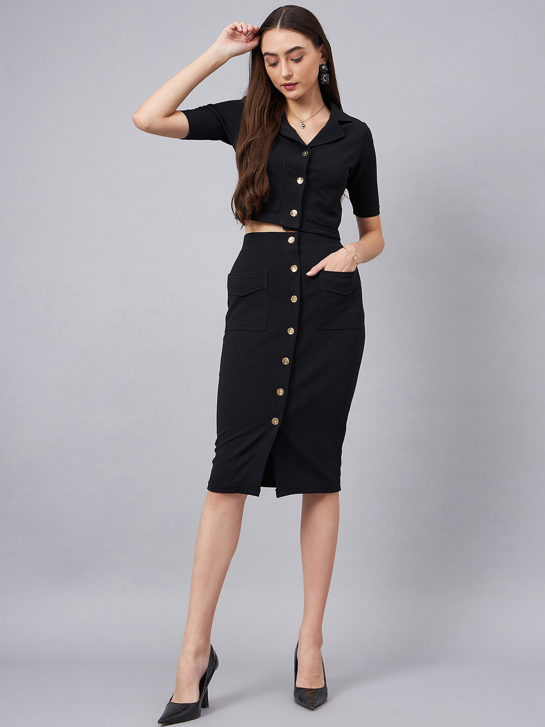 Chemistry Crop Top With With Button Detail Skirt
