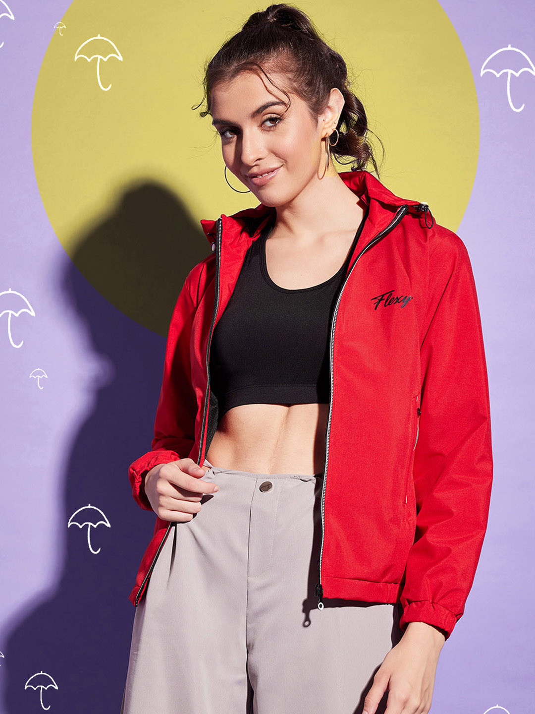 BUY NEW TREND Women Red Checked Windcheater Crop Outdoor Sporty Jacket