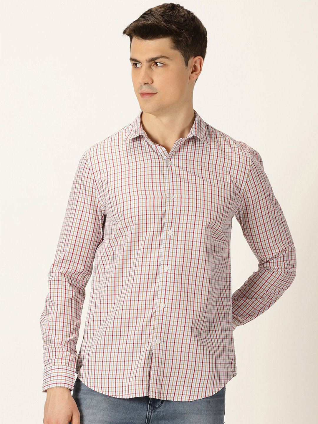 encore by INVICTUS Men Red Classic Slim Fit Opaque Checked Casual Shirt