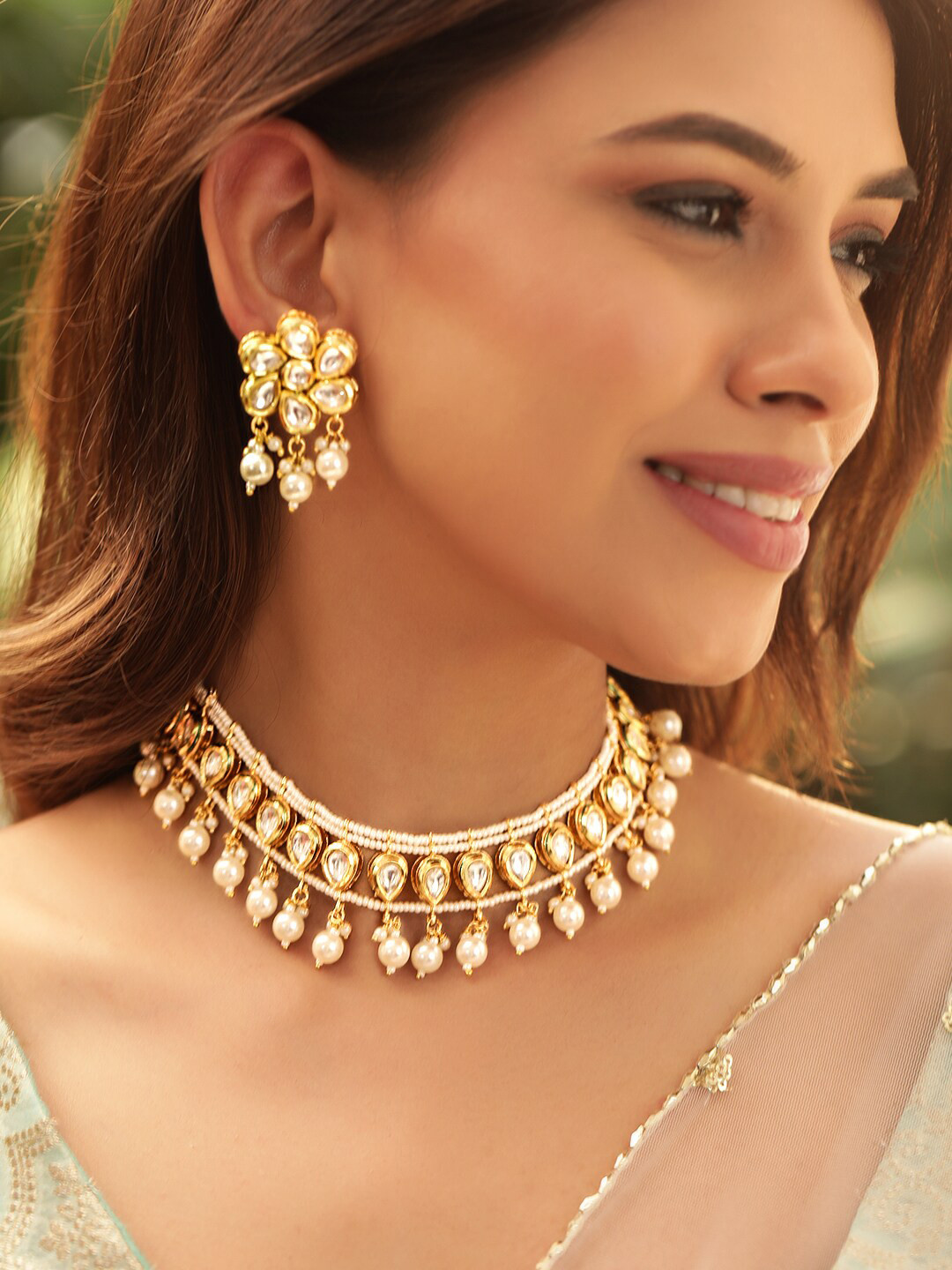 Rubans 22K Gold Plated Kundan Studded Pearl Beaded Handcrafted Choker Jewellery Set