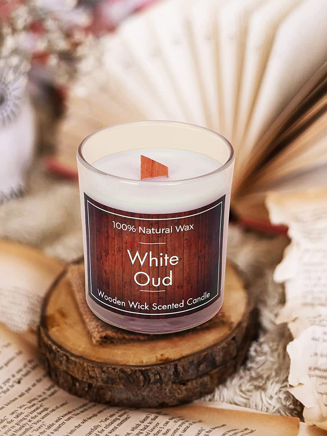 Parkash Candles Wooden Wick, 100% Soy Wax White Oud Solid Geometric Regular Jar Candles