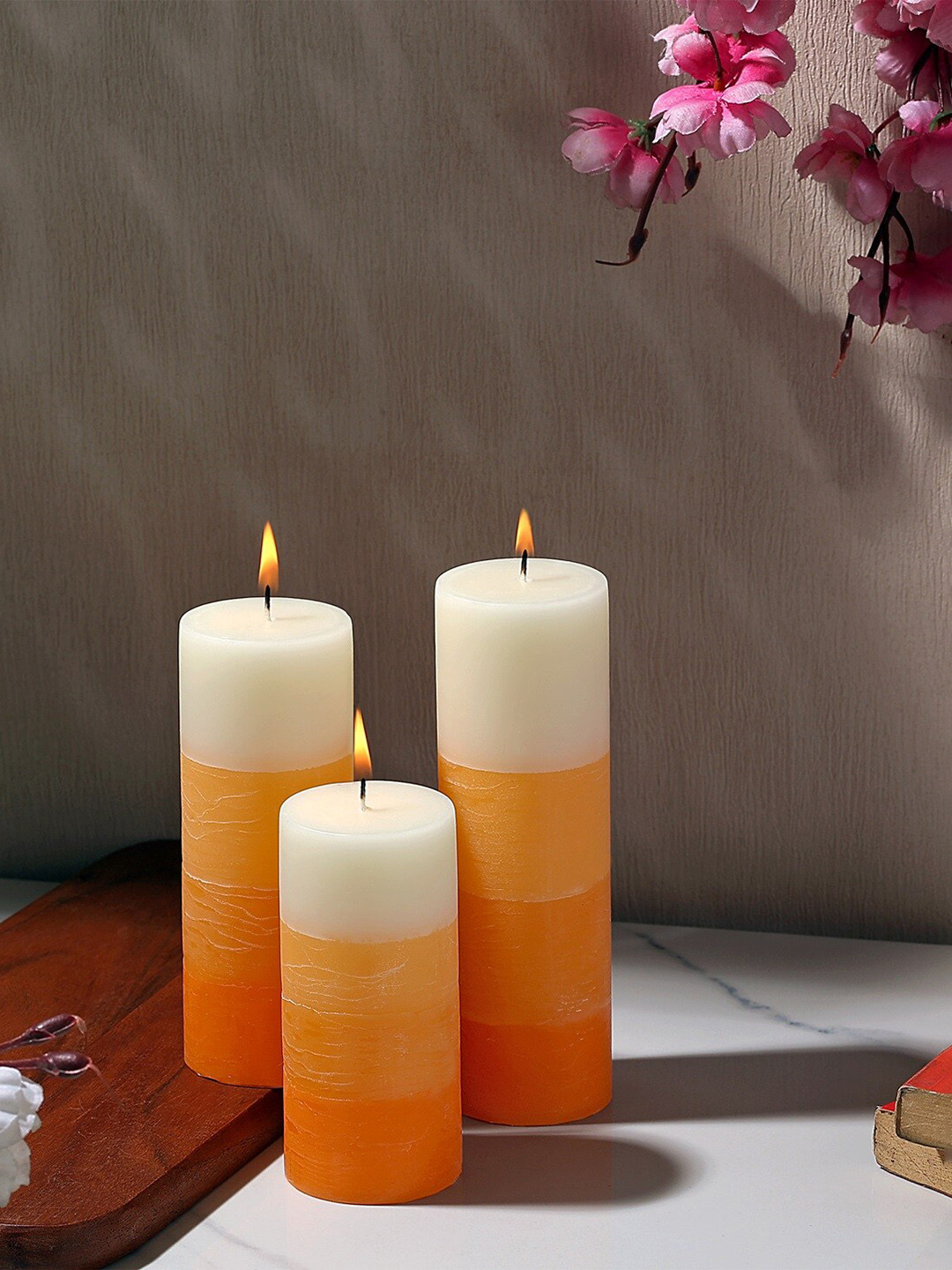 Parkash Candles Shade Finish 3Pcs 1 Wick Sandal Solid Tapered Regular Pillar Candles