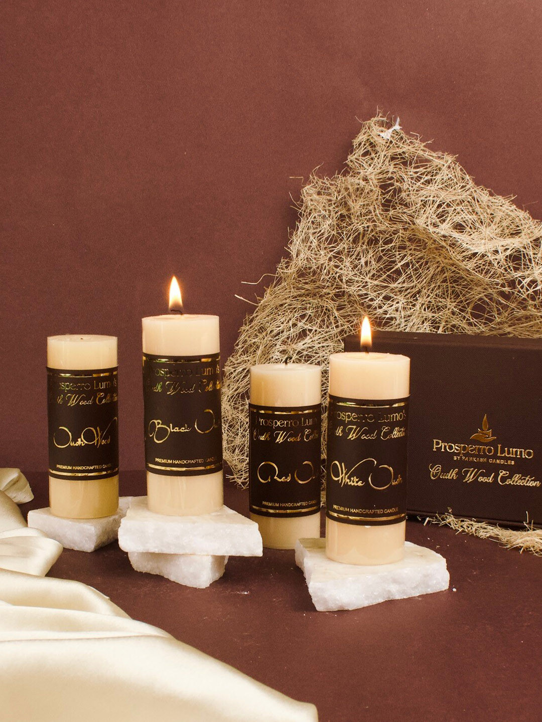 Parkash Candles Premium 4Pcs Black Oudh, White Oudh, Oudh Wood, and Red Oudh Pillar Candles