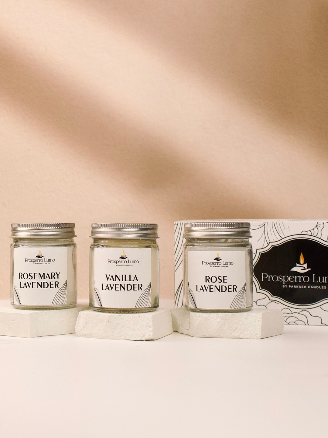 Parkash Candles Paraffin Wax Gift set, Home Decor 3Pcs Rosemary Lavender , Vanila Lavender , Rose Lavender Jar Candles