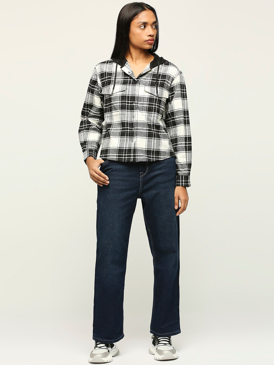 Pepe Jeans Oversized Tartan Checks Hooded Long Sleeves Cotton Casual Shacket