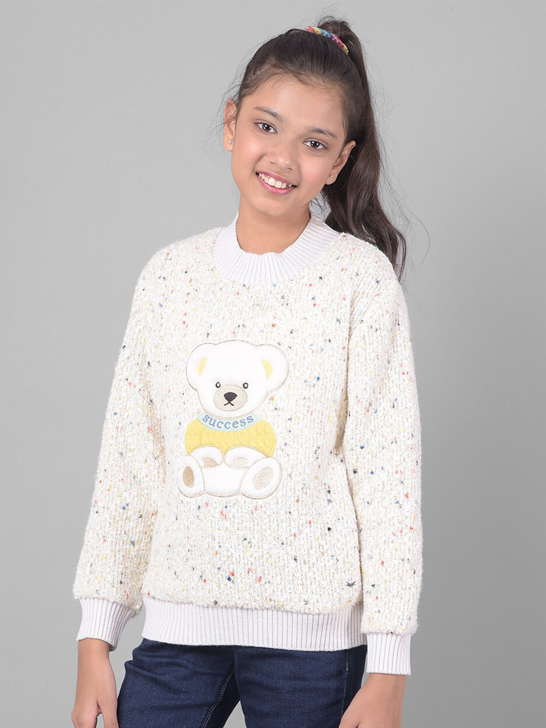 Crimsoune Club Girls Animal Graphics Teddy Bear Printed Long Sleeves Pullover Sweaters