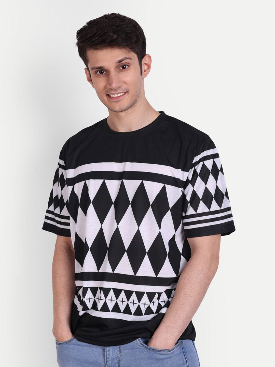 Fans Army Geometric Printed Monochrome Cotton Oversized T-shirt