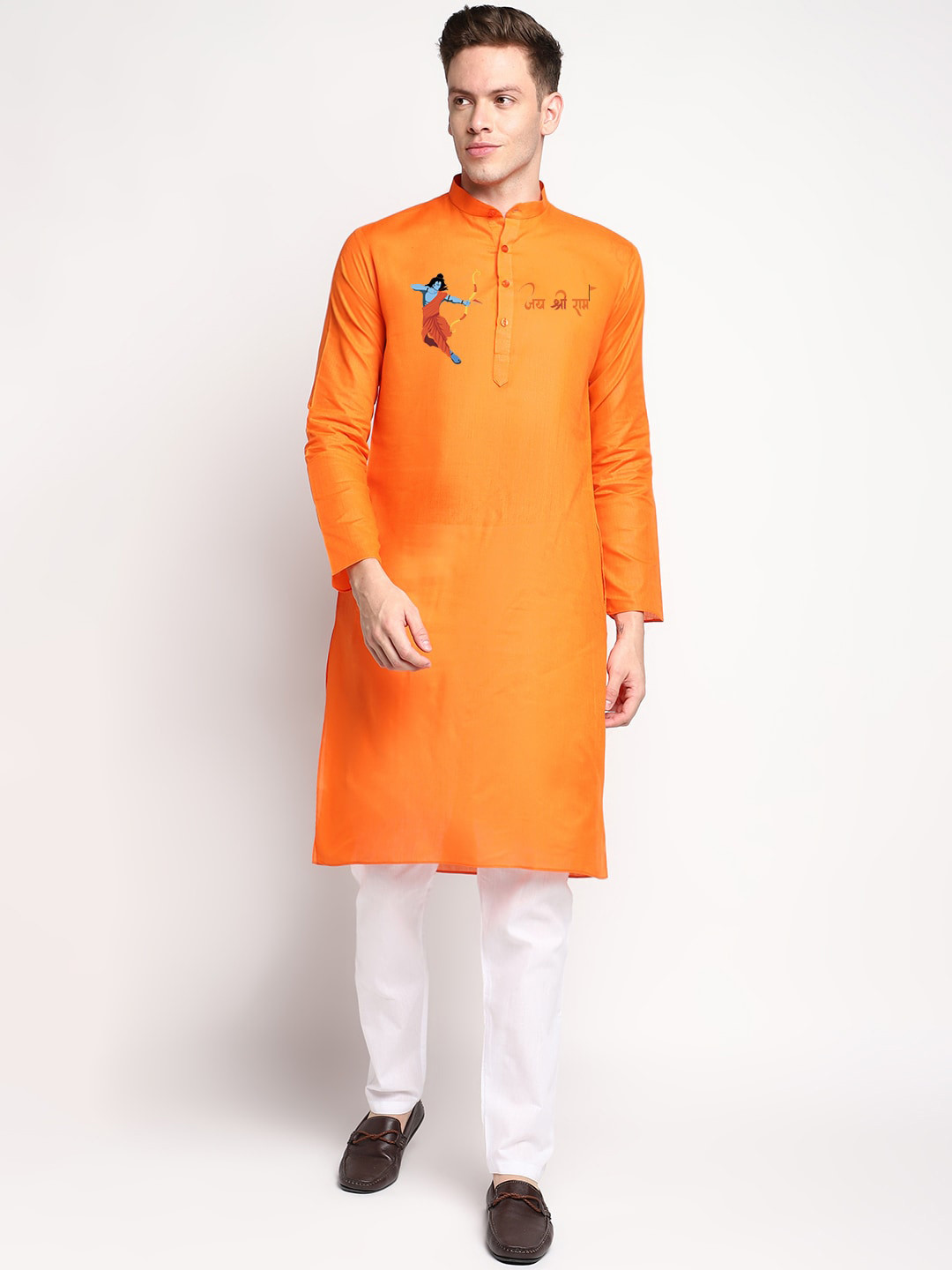 DEVOILER Orange Graphic Printed Mandarin Collar Straight Kurta