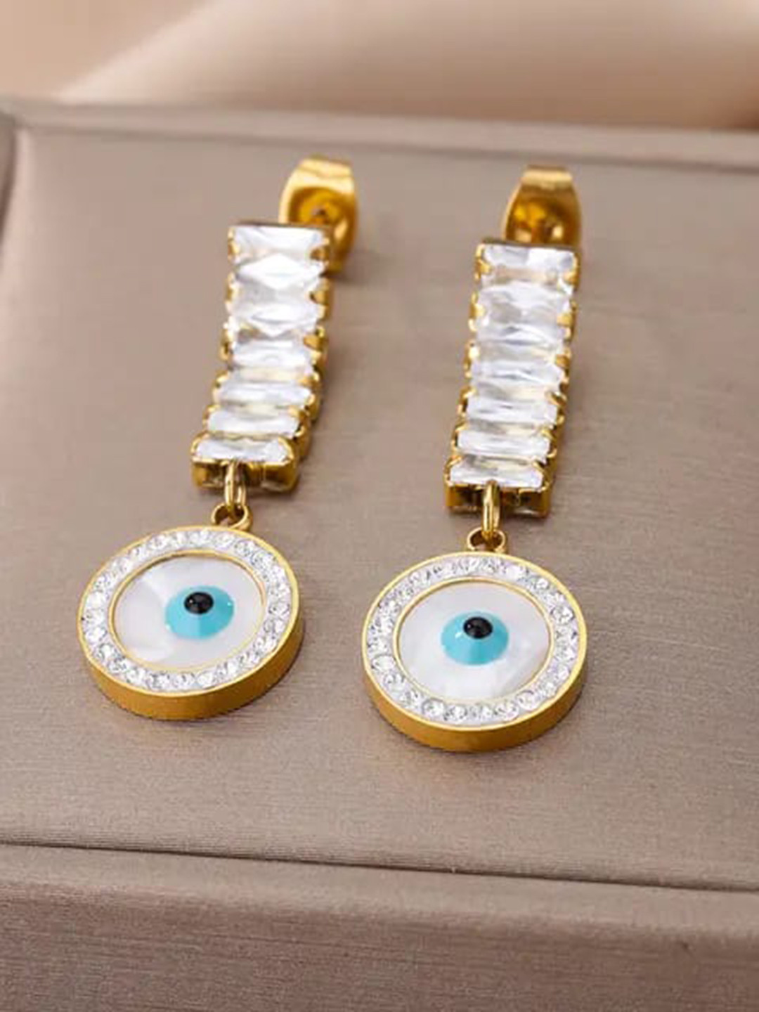 KRYSTALZ Stainless Steel Gold Plated Cubic Zirconia Studded Evil Eyes Drop Earrings