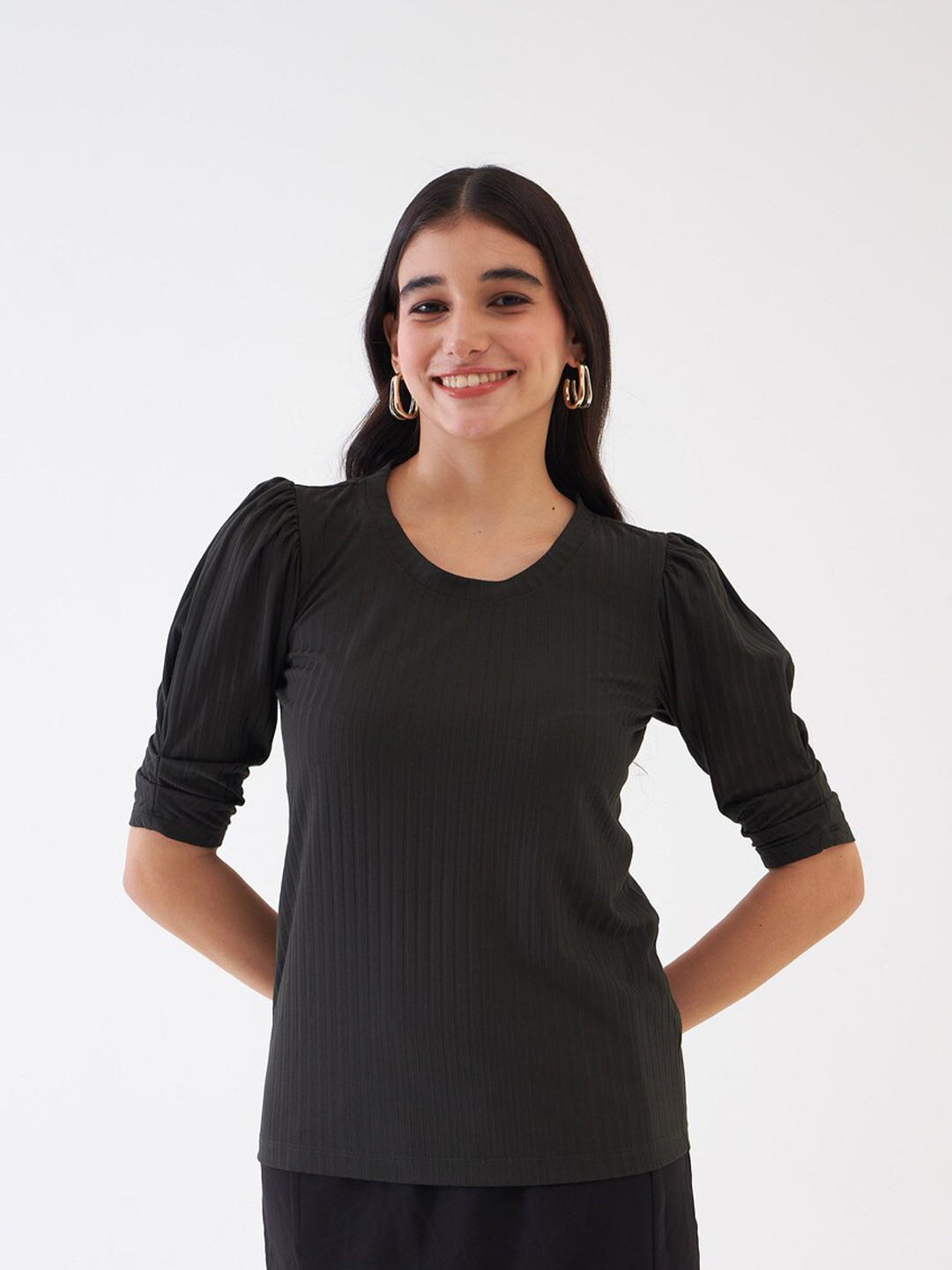 SALT ATTIRE Vertical Striped Round Neck Knits Puff Sleeve Top
