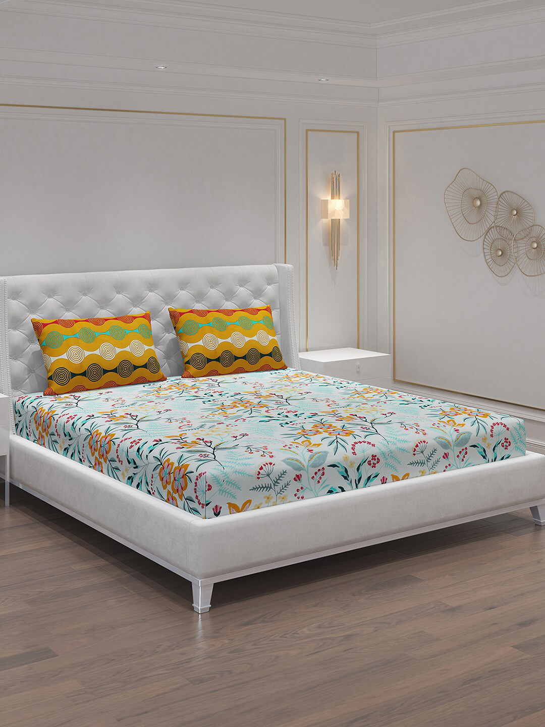 Moca By Monte Carlo Sferra Turquoise Blue Floral Microfiber 144 TC Queen Bedsheet with 2 Pillow Covers-94 x 87 inches