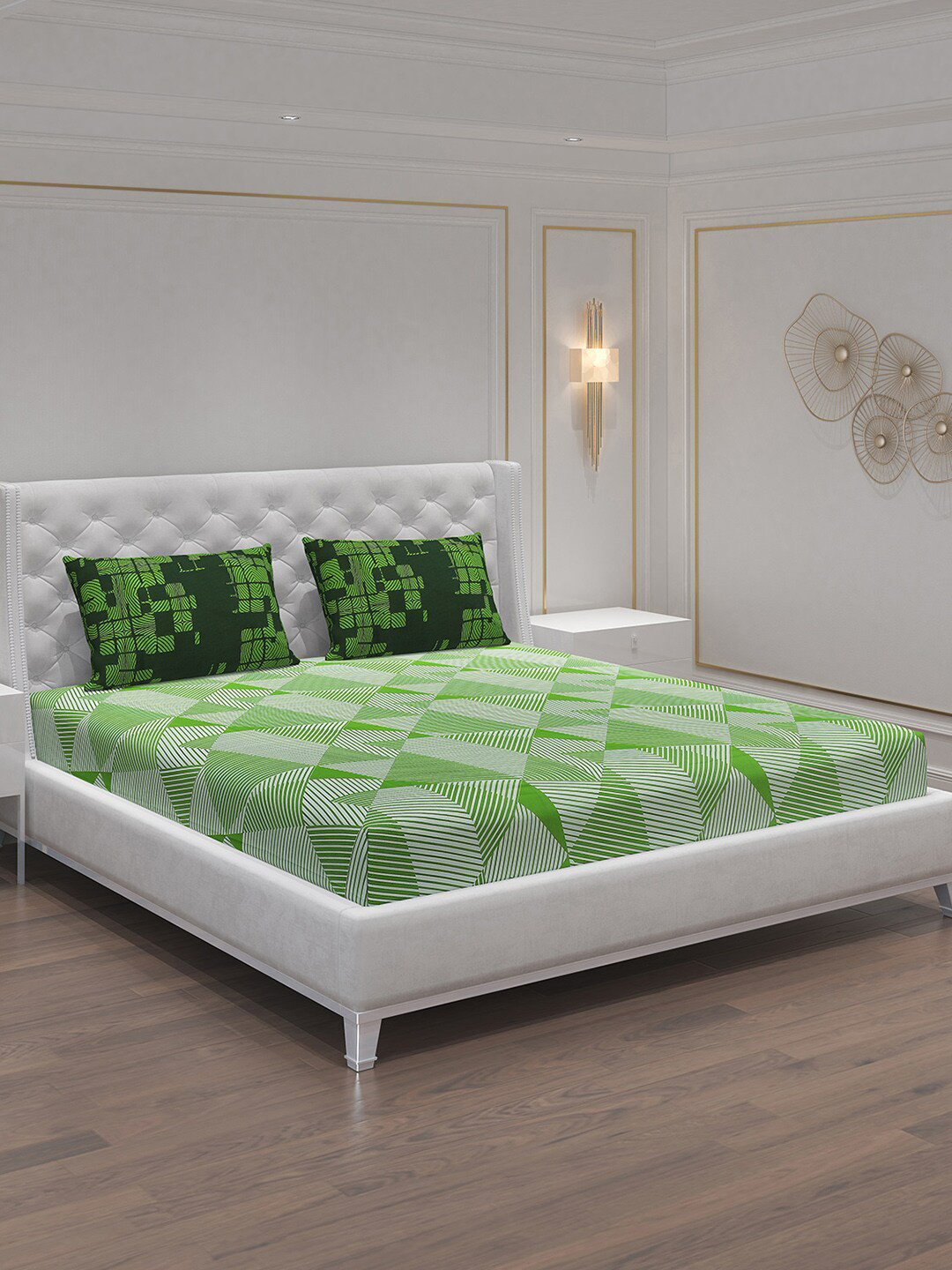 Moca By Monte Carlo Green Abstract Cotton 104 TC Queen Coarse Bedsheet with 2 Pillow Covers-240 x 220 cm