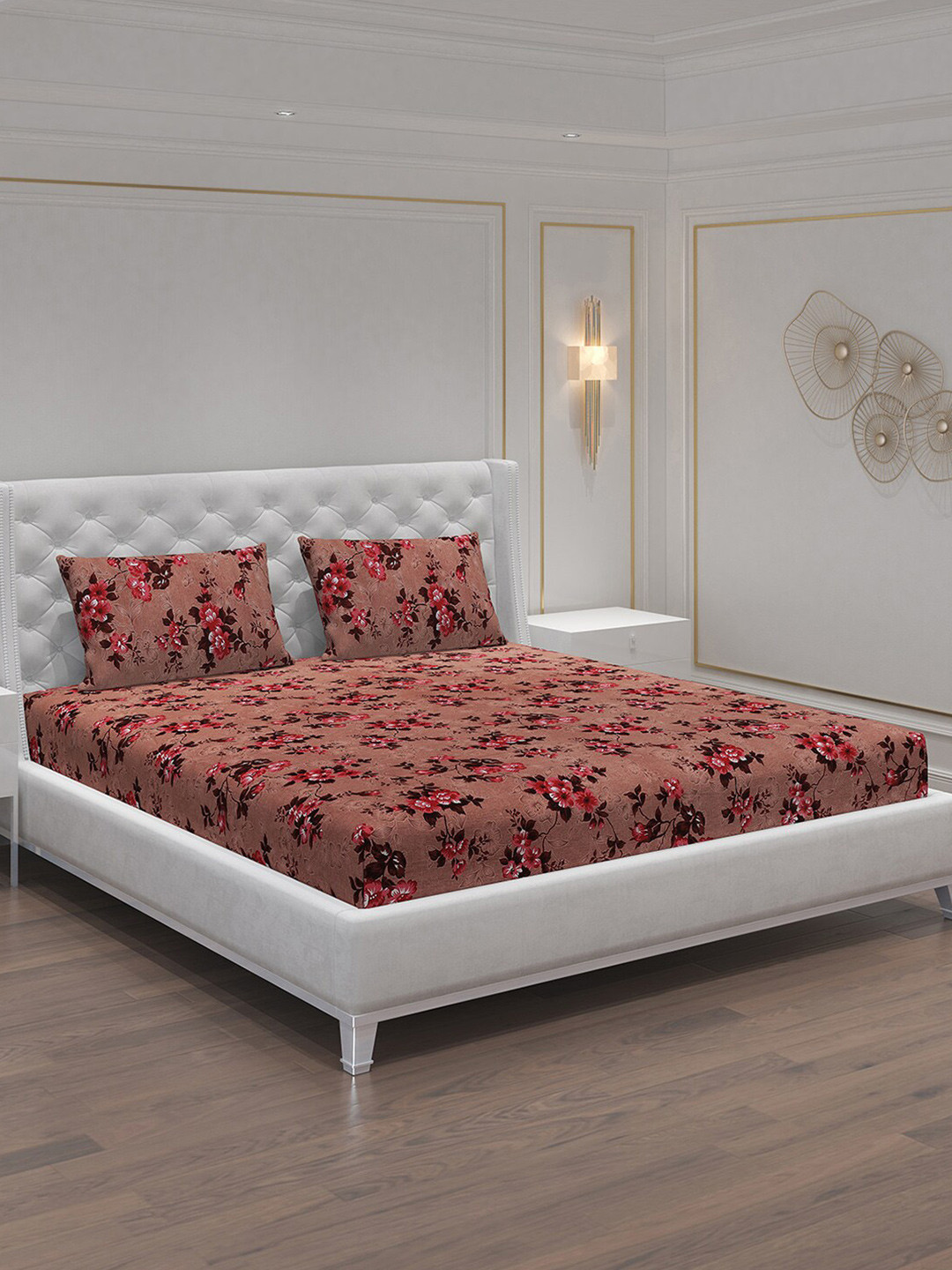 Moca By Monte Carlo Brown Floral Microfiber 120 TC Queen Bedsheet with 2 Pillow Covers-220 x 240 cm