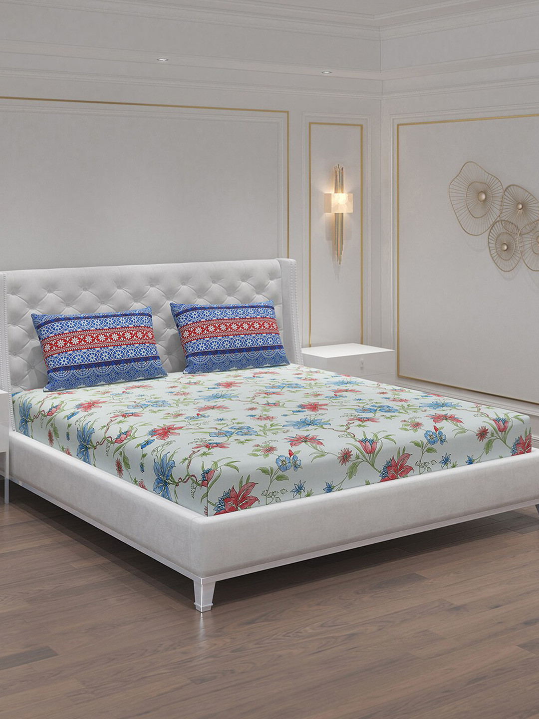 Moca By Monte Carlo Fiona Sea Green Floral Cotton 104 TC Queen Coarse Bedsheet with 2 Pillow Covers-240 x 220 cm