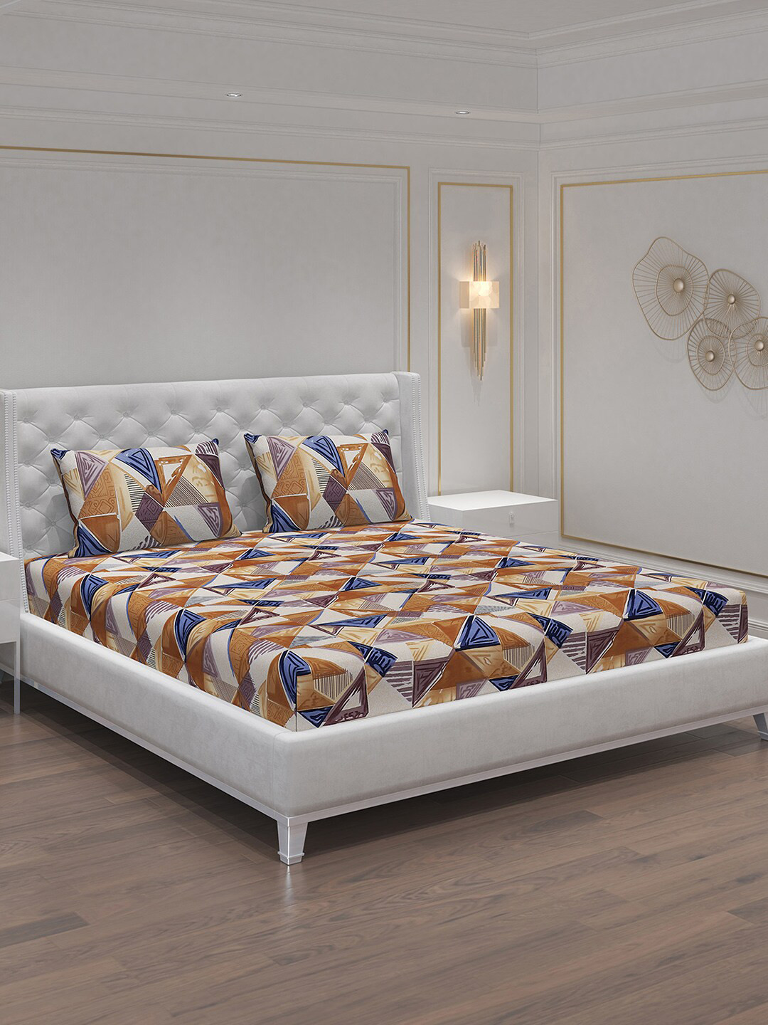 Moca By Monte Carlo Dazzle Coffee Brown Geometric Microfiber Skin-Friendly 120 TC Queen Bedsheet with 2 Pillow Covers-240 x 220 cm