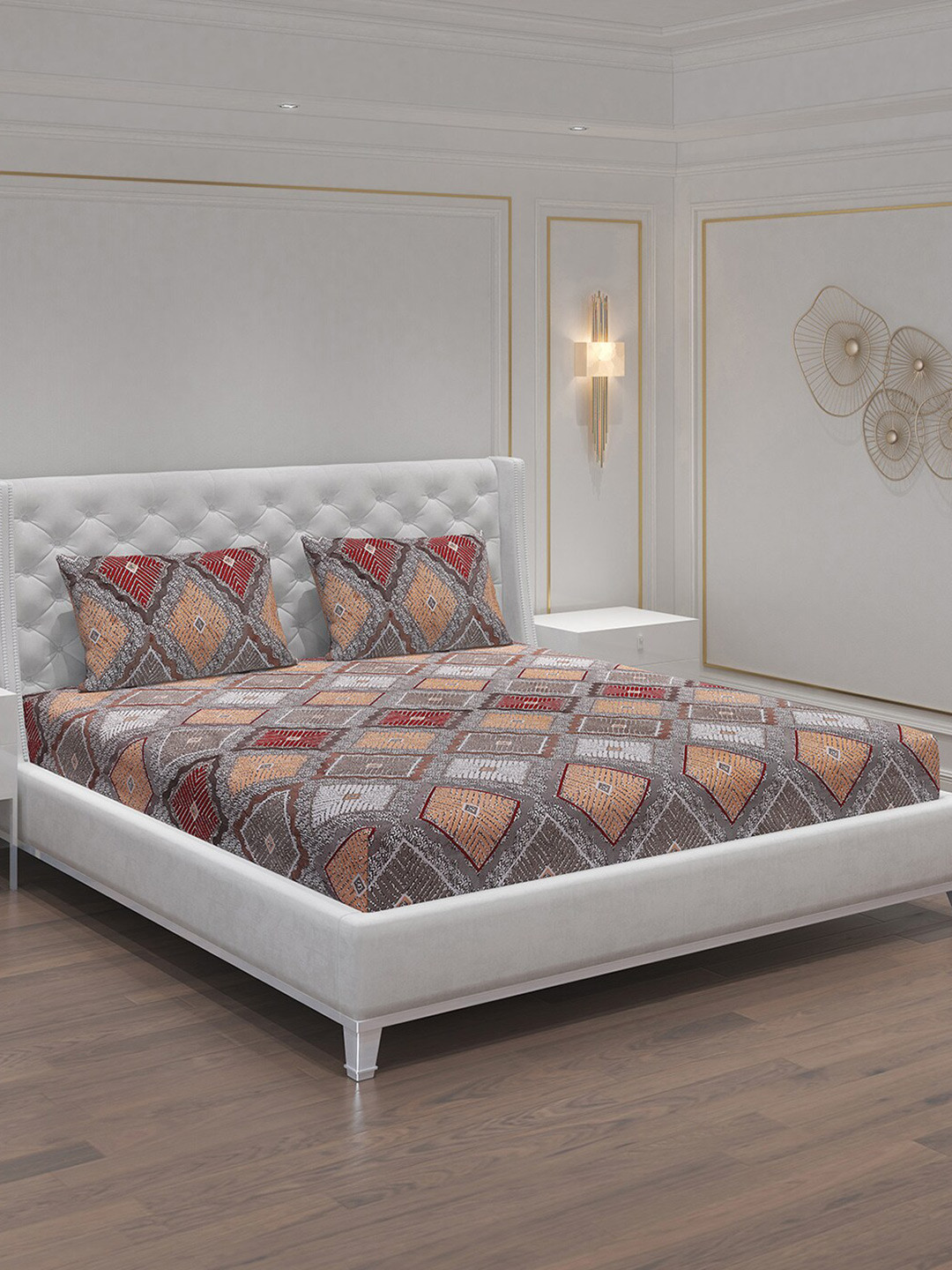 Moca By Monte Carlo Dazzle Brown Geometric Microfiber 120 TC Queen Bedsheet with 2 Pillow Covers-94 x 87 inches