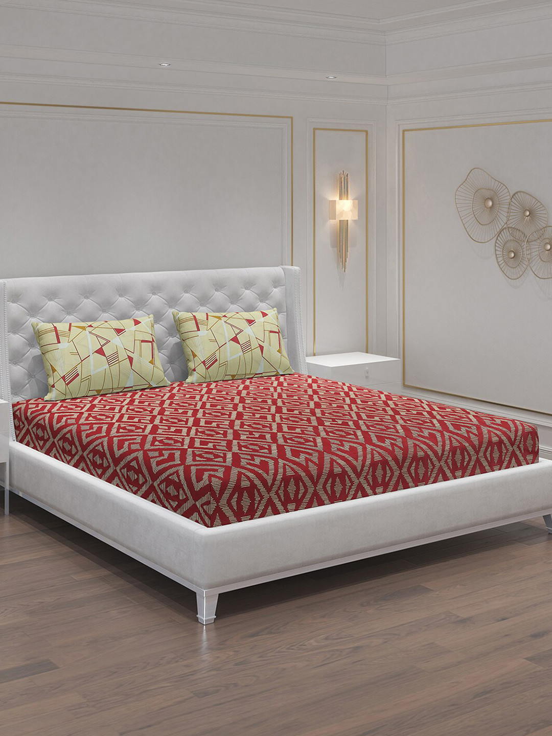 Moca By Monte Carlo Sferra Red Geometric Cotton 144 TC Queen Bedsheet with 2 Pillow Covers-87 x 100 inches