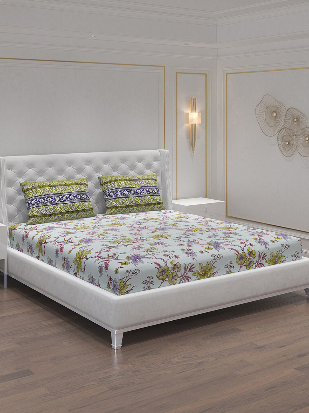 Moca By Monte Carlo Fiona Off White Floral Cotton 104 TC Queen Coarse Bedsheet with 2 Pillow Covers-87 x 94 inches