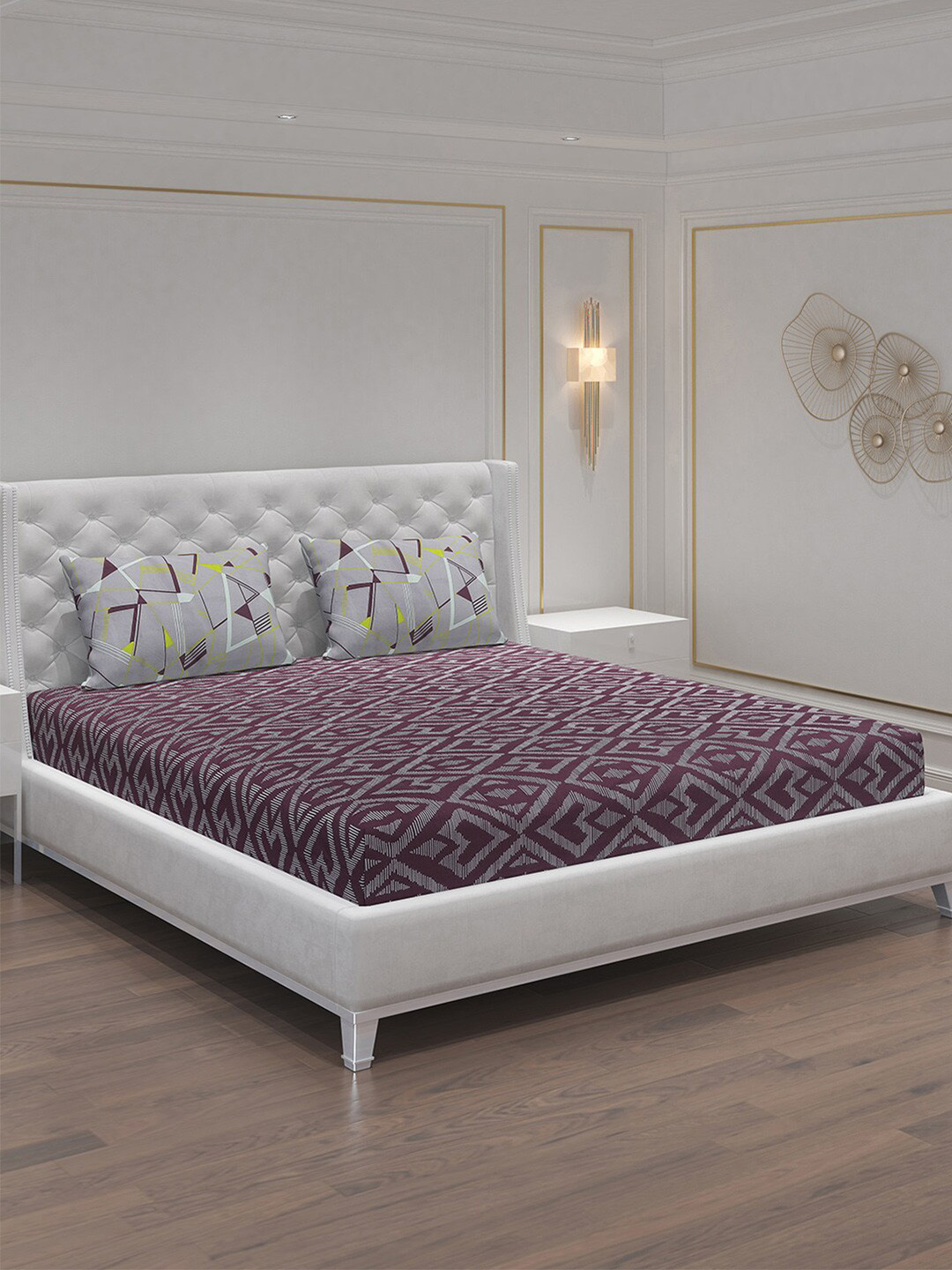 Moca By Monte Carlo Purple Geometric Cotton 144 TC Queen Bedsheet with 2 Pillow Covers-94 x 87 inches