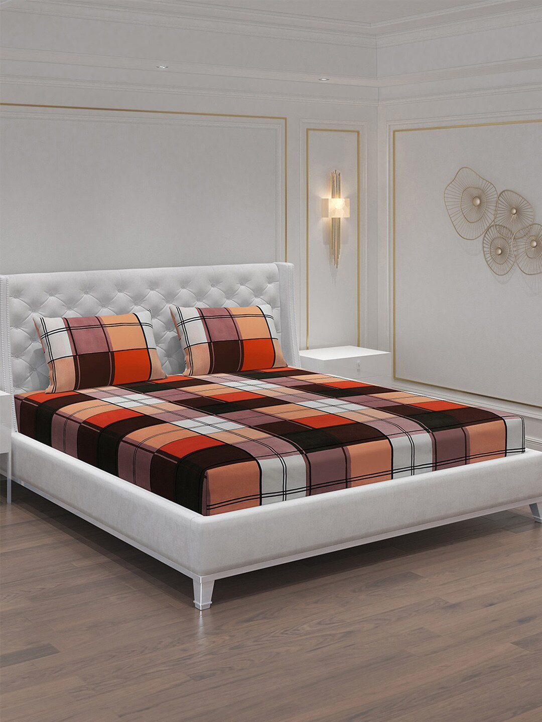 Moca By Monte Carlo Dazzle Coral Checked Microfiber 120 TC Queen Bedsheet with 2 Pillow Covers-94 x 87 inches