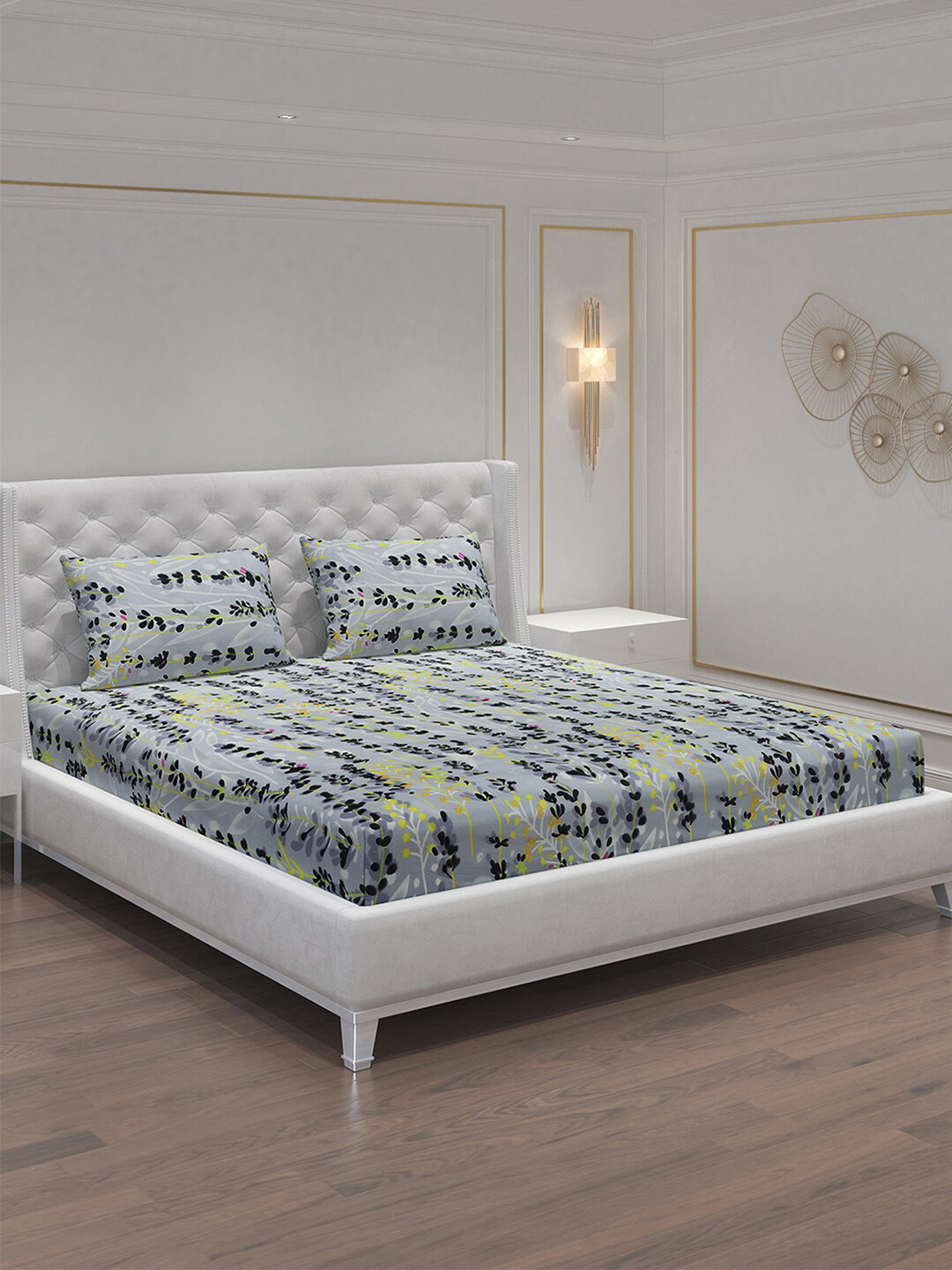 Moca By Monte Carlo Dazzle Grey Floral Microfiber 120 TC Queen Bedsheet with 2 Pillow Covers-220 x 240 cm