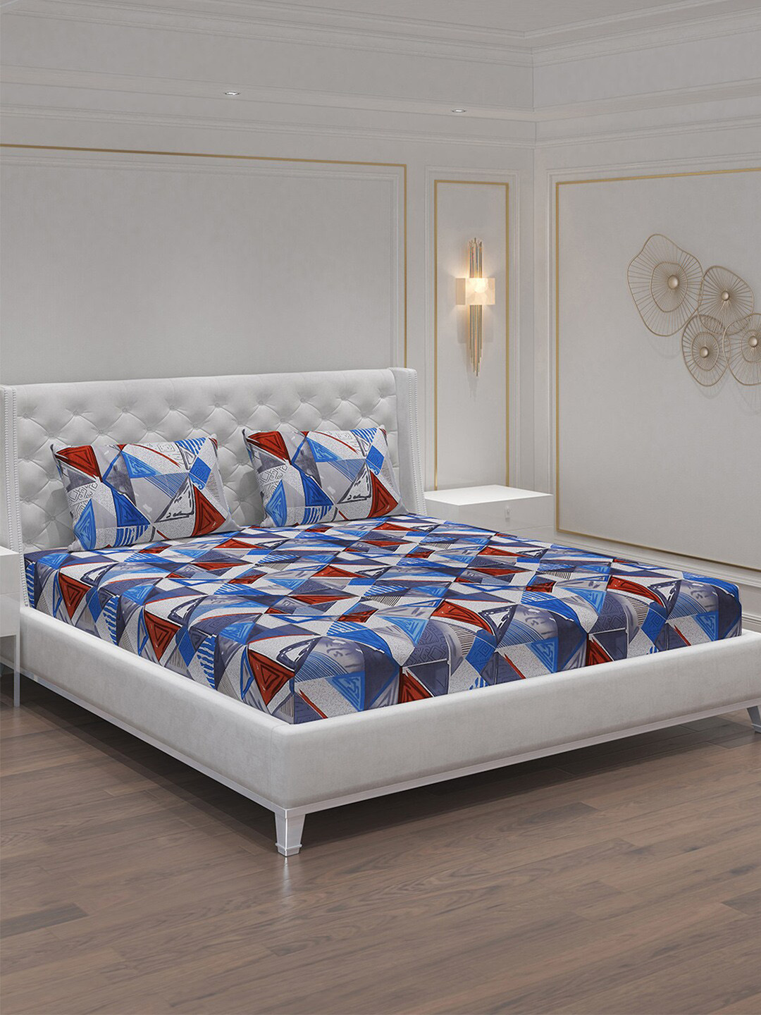 Moca By Monte Carlo Dazzle Blue Geometric Microfiber 120 TC Queen Bedsheet with 2 Pillow Covers-94 x 87 inches