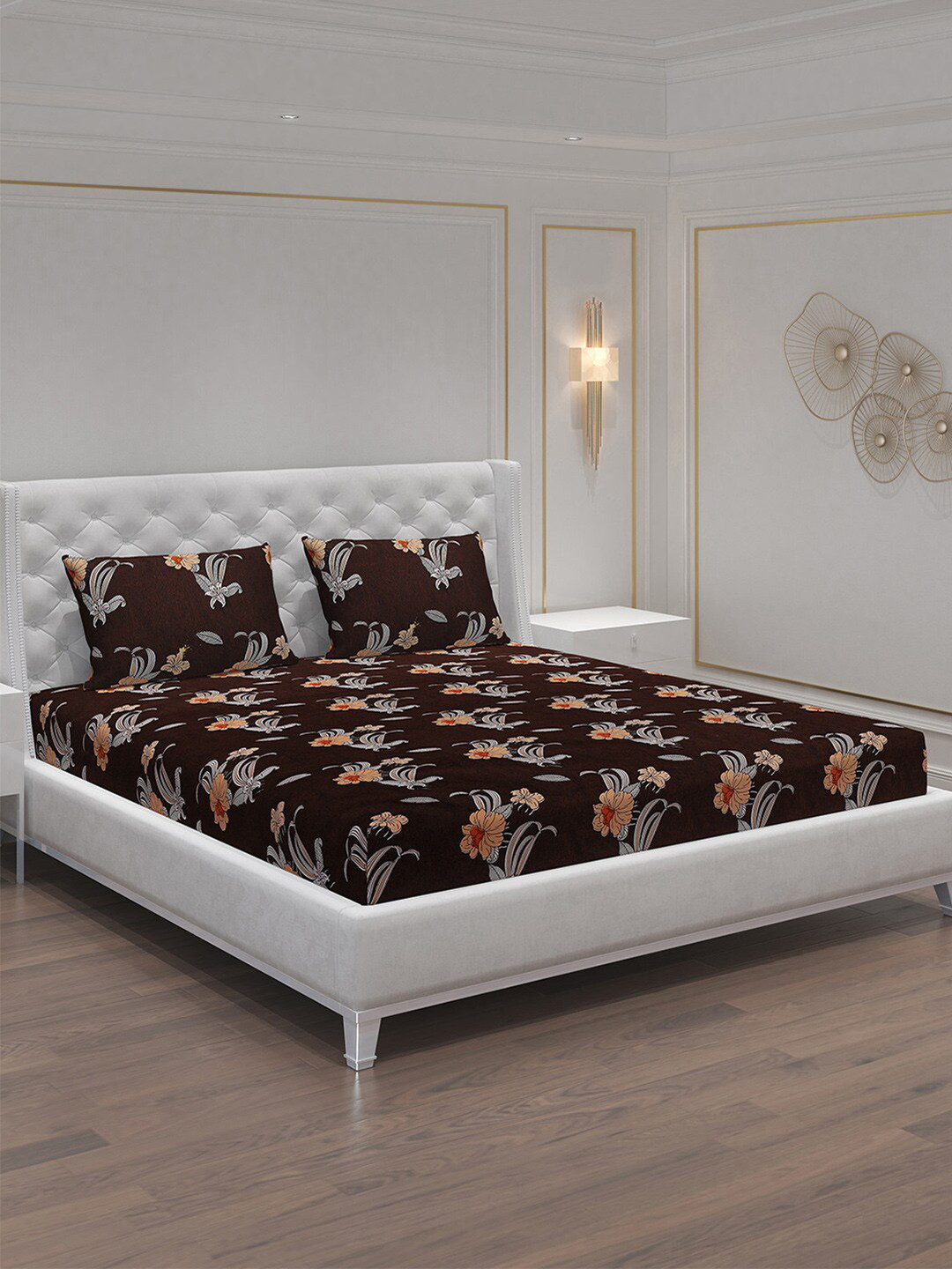Moca By Monte Carlo Dazzle Coffee Brown Floral Microfiber 120 TC Queen Bedsheet with 2 Pillow Covers-87 x 91 inches