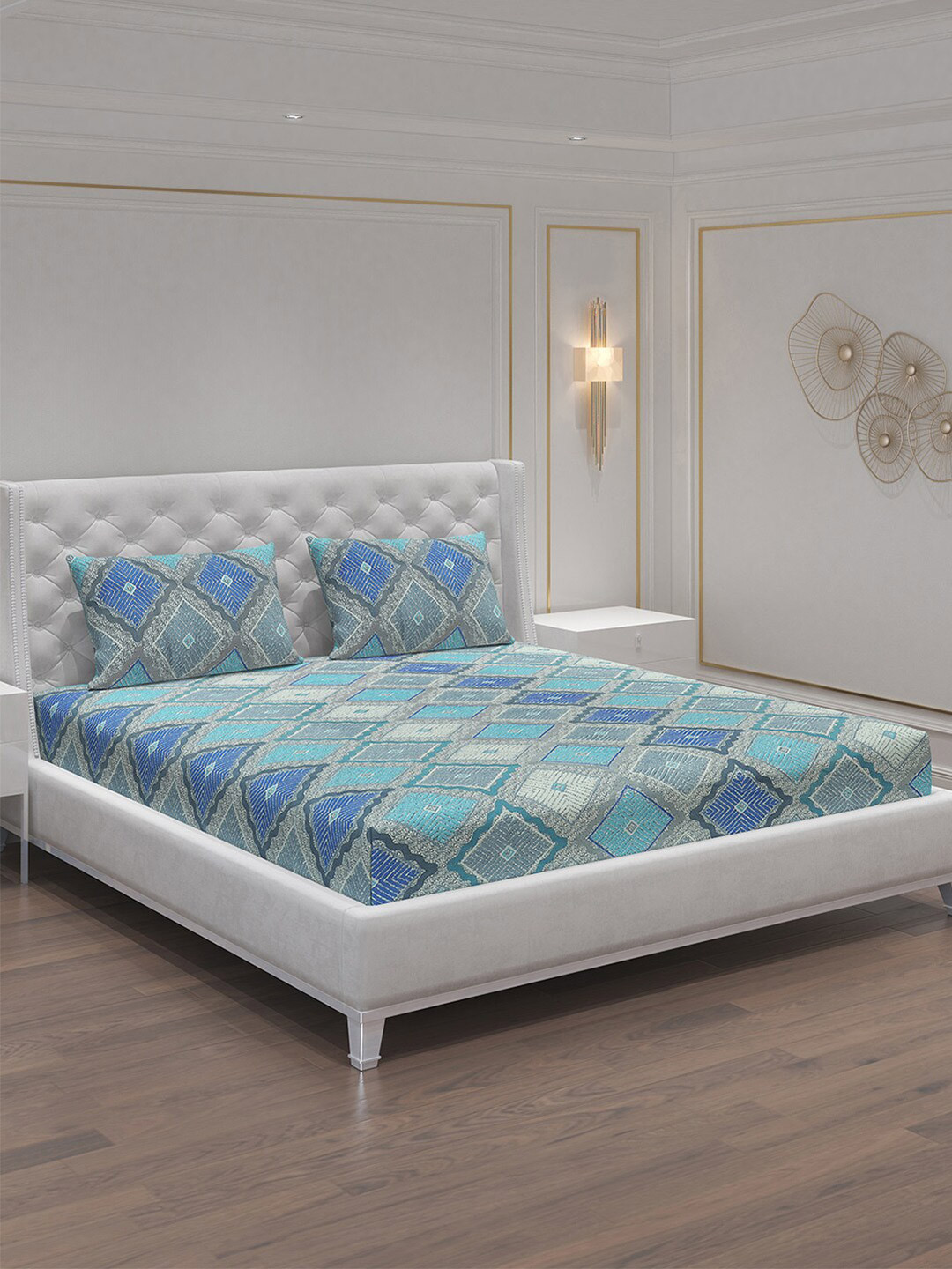 Moca By Monte Carlo Dazzle White Geometric Microfiber 120 TC Queen Bedsheet with 2 Pillow Covers-94 x 87 inches
