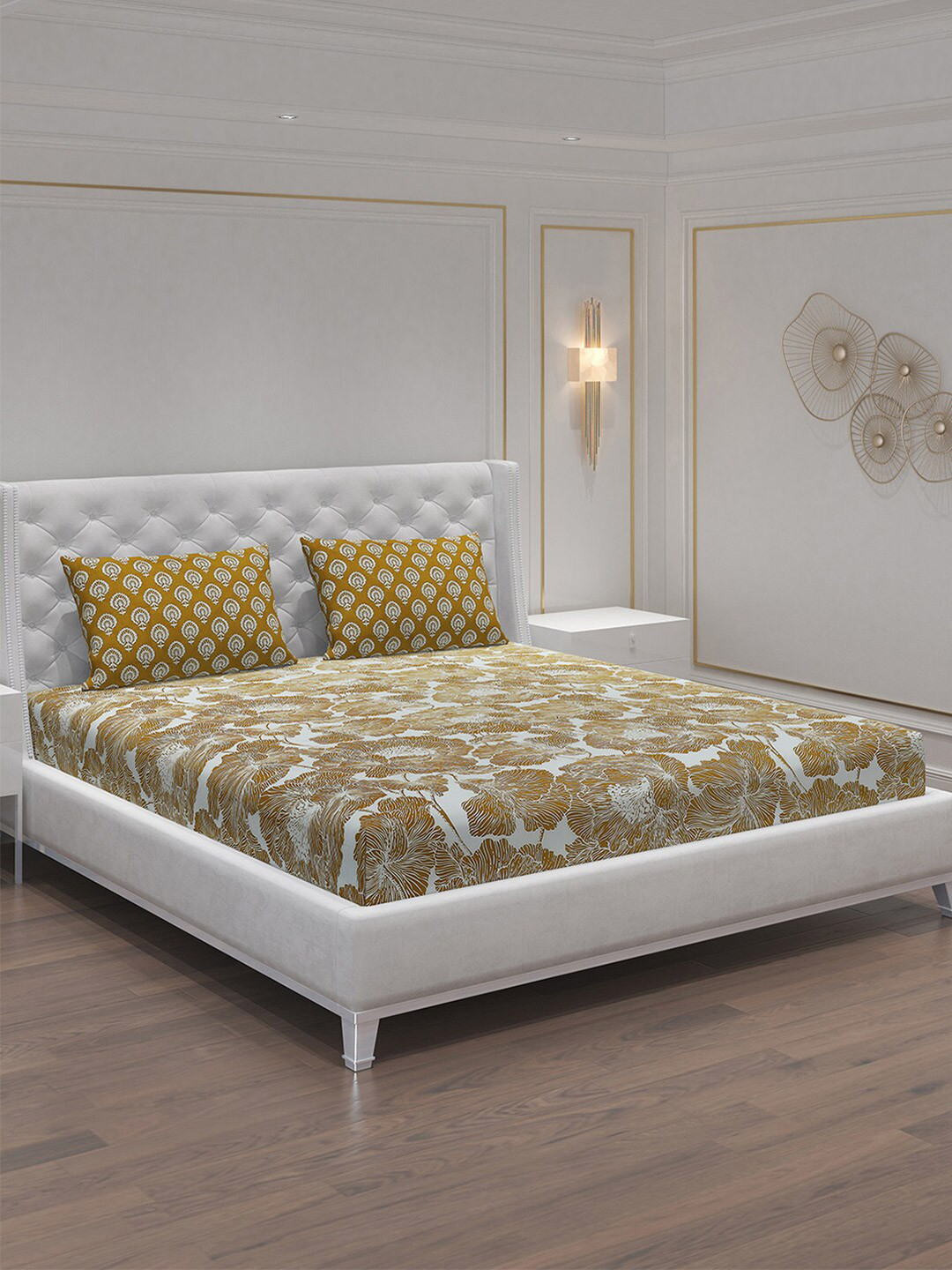 Moca By Monte Carlo Sferra Khaki Floral Cotton 144 TC Queen Bedsheet with 2 Pillow Covers-100 x 87 inches