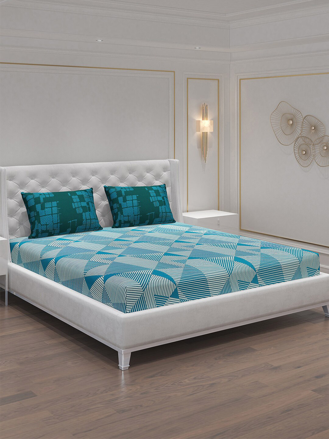 Moca By Monte Carlo Fiona Turquoise Blue Geometric Cotton 104 TC Queen Coarse Bedsheet with 2 Pillow Covers-87 x 94 inches