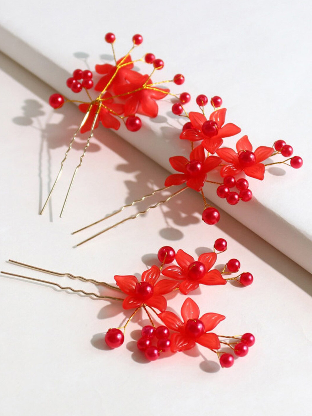 VAGHBHATT Set Of 3 Beads Embellished Floral U Pins