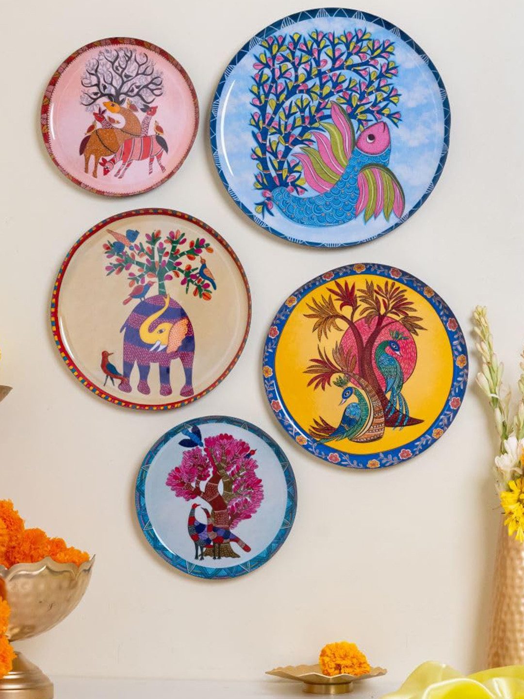 Ritualistic Gondh Metal Floral Glossy Hanging Hall 5Pcs Wall Plates-12In