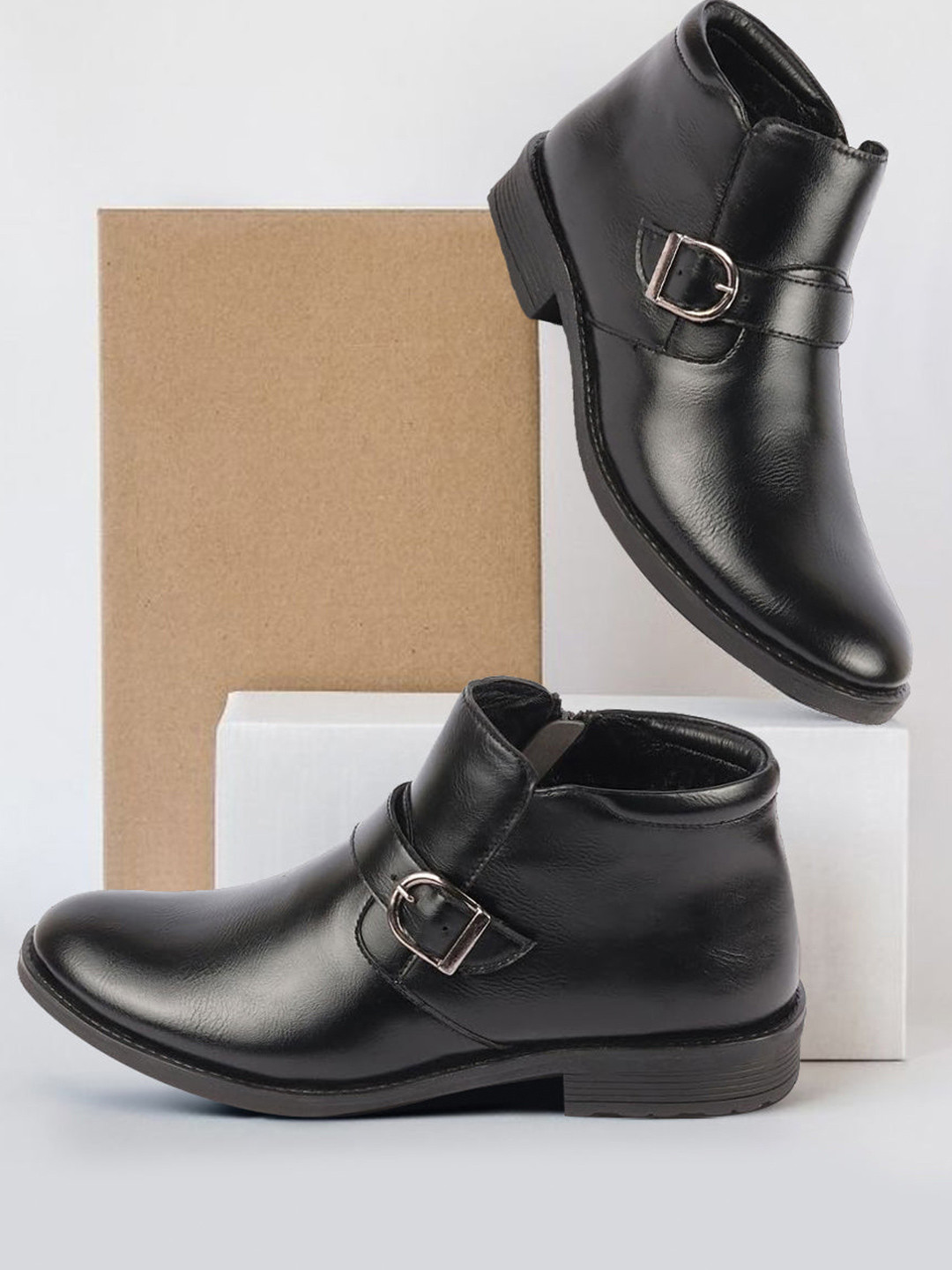 FAUSTO Men Mid Top Monk Straps Boots With Buckle Detail