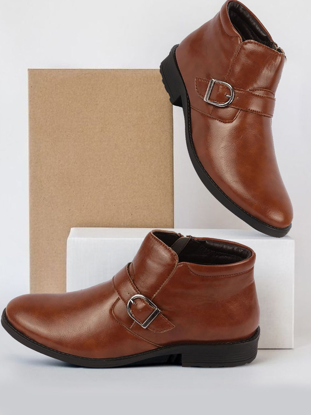 FAUSTO Men Mid Top Monk Straps Boots With Buckle Detail