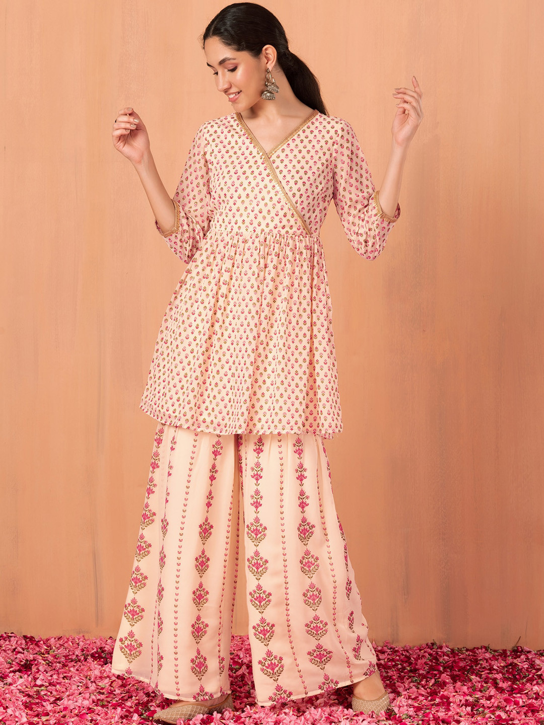 INDYA Ethnic Motifs Printed V-Neck Angrakha A-Line Kurti With Palazzo