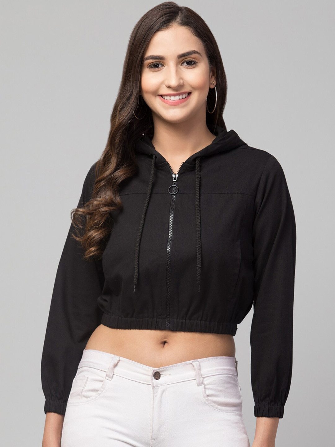 Chemistry Hooded Cropped Cotton Open Front Jacket