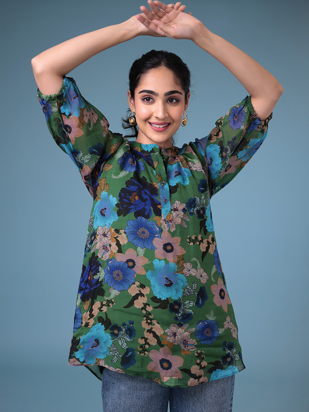 ZARI Floral Printed Mandarin Collar Modal Tunic