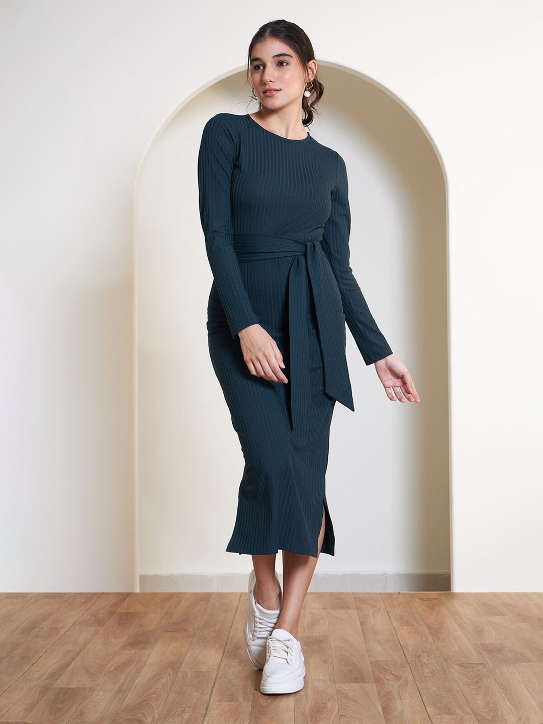 SALT ATTIRE Striped Midi Sheath Dress With Belt