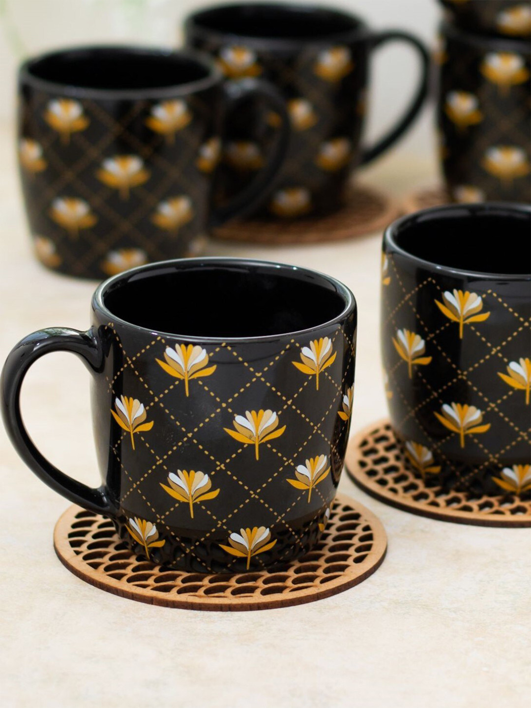 CLAY CRAFT Raimbow Black Floral Ceramic Handmade 6 Piece Cups-180ml