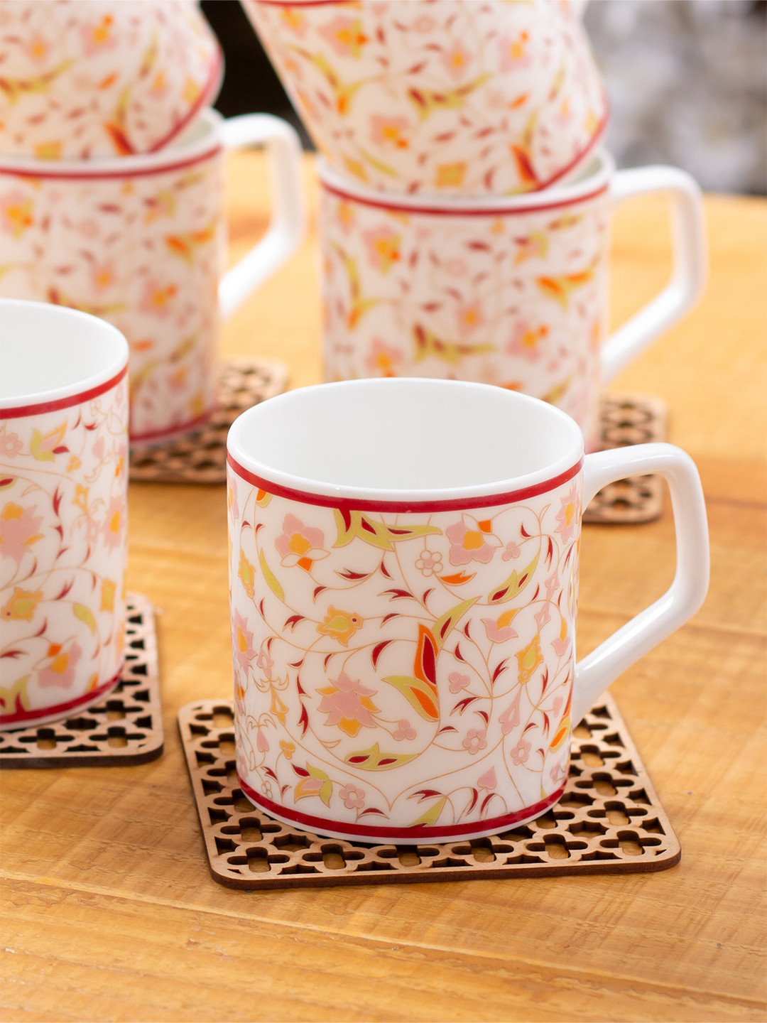 CLAY CRAFT Mirza Name Personalised White Floral Ceramic Microwave Safe 6 Piece Cups-220ml