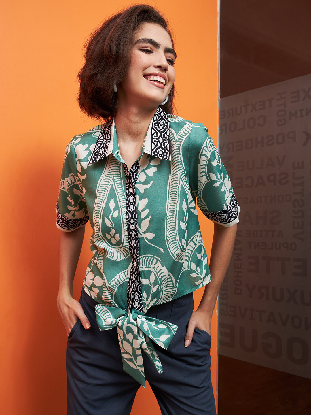 Athena Immutable Green Ethnic Motifs Printed Front Knot Linen Shirt Style Top
