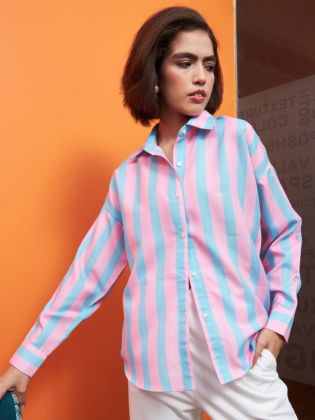 Athena Immutable Pink & Blue Striped Linen Shirt Style Top