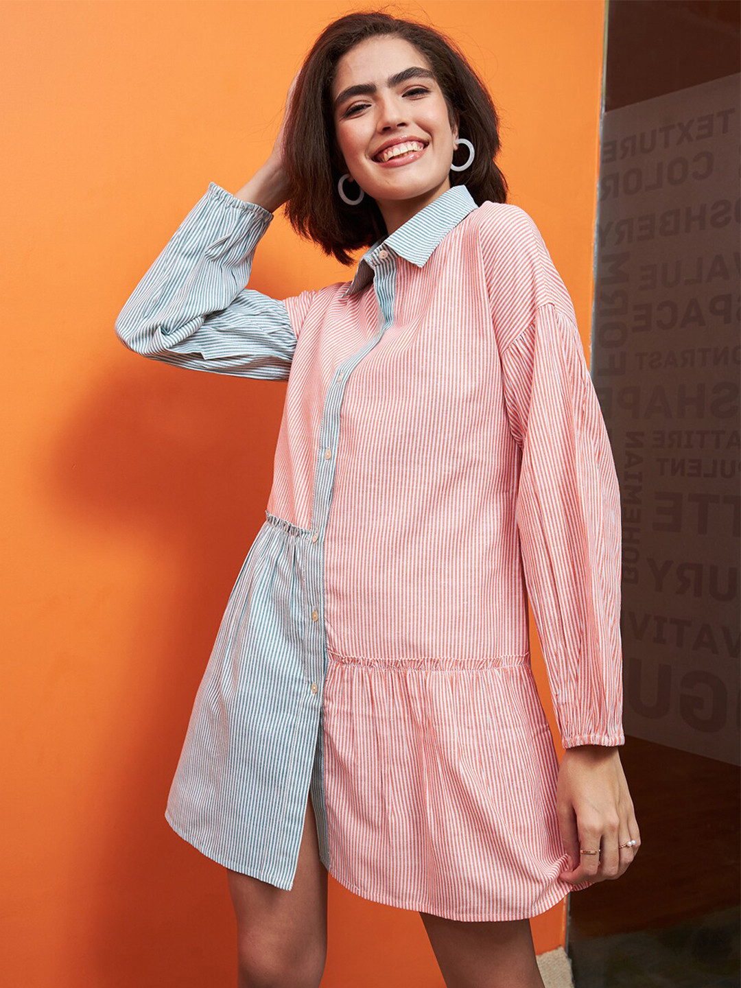 Athena Orange Striped Shirt Collar Long Sleeves Gathered Cotton Shirt Dress