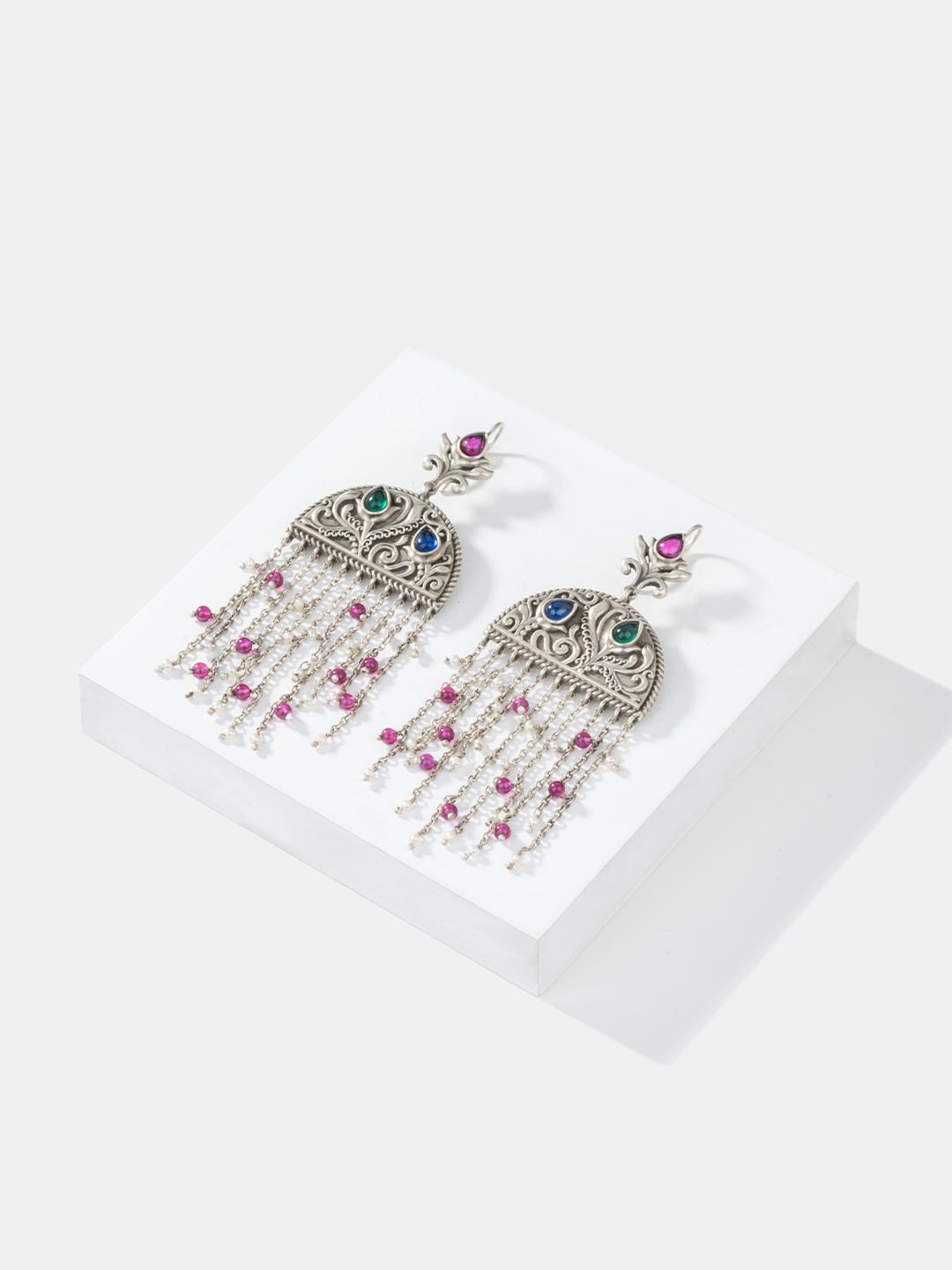 SHAYA Stone Studded Contemporary 925 Sterling Silver Oxidised Drop Earrings