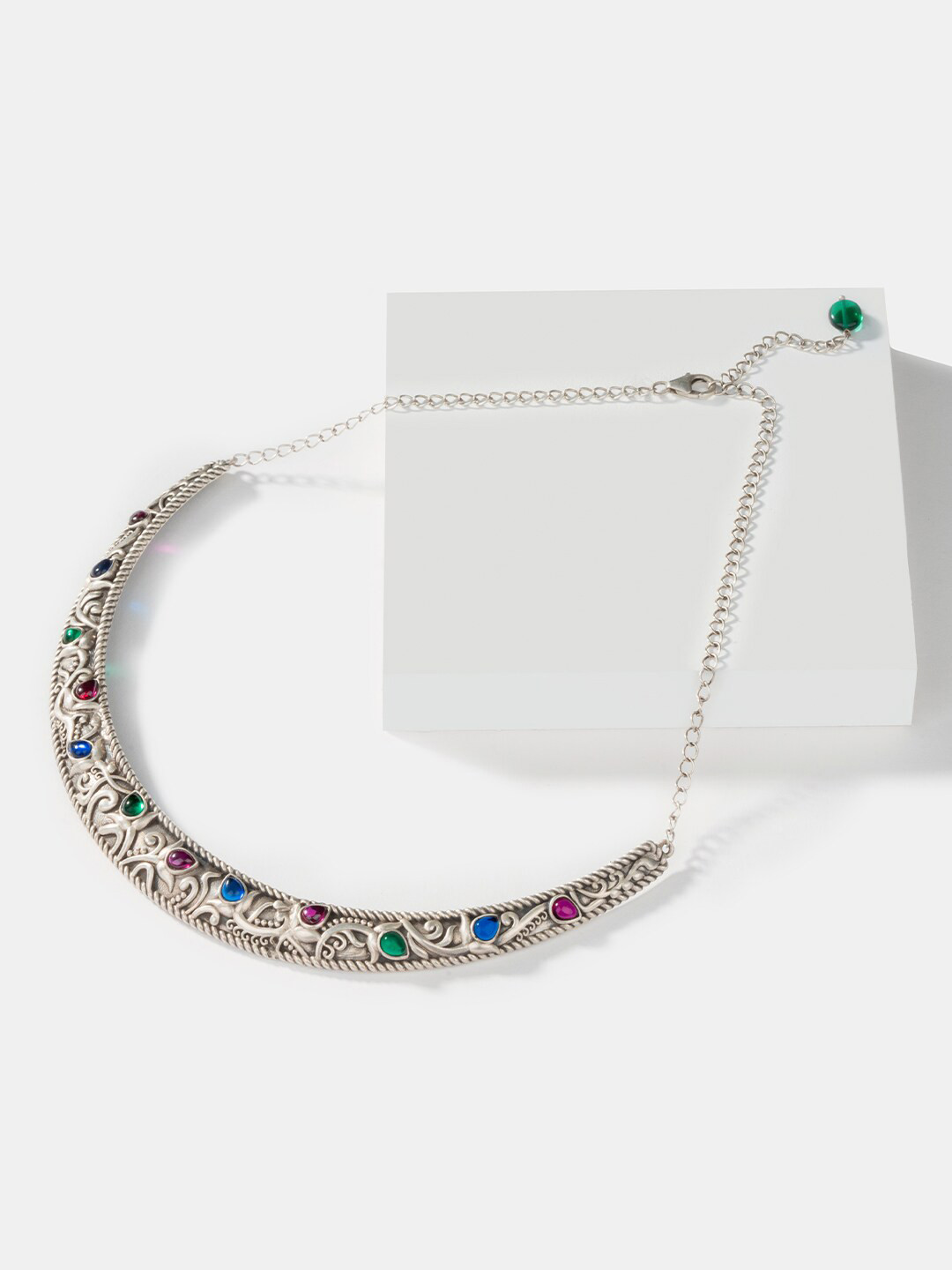 SHAYA 925 Sterling Silver Artificial Stones and Beads Studded Oxidised Necklace
