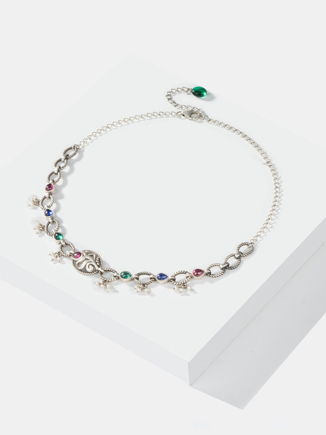 SHAYA 925 Sterling Silver Artificial Stones and Beads Studded Oxidised Necklace