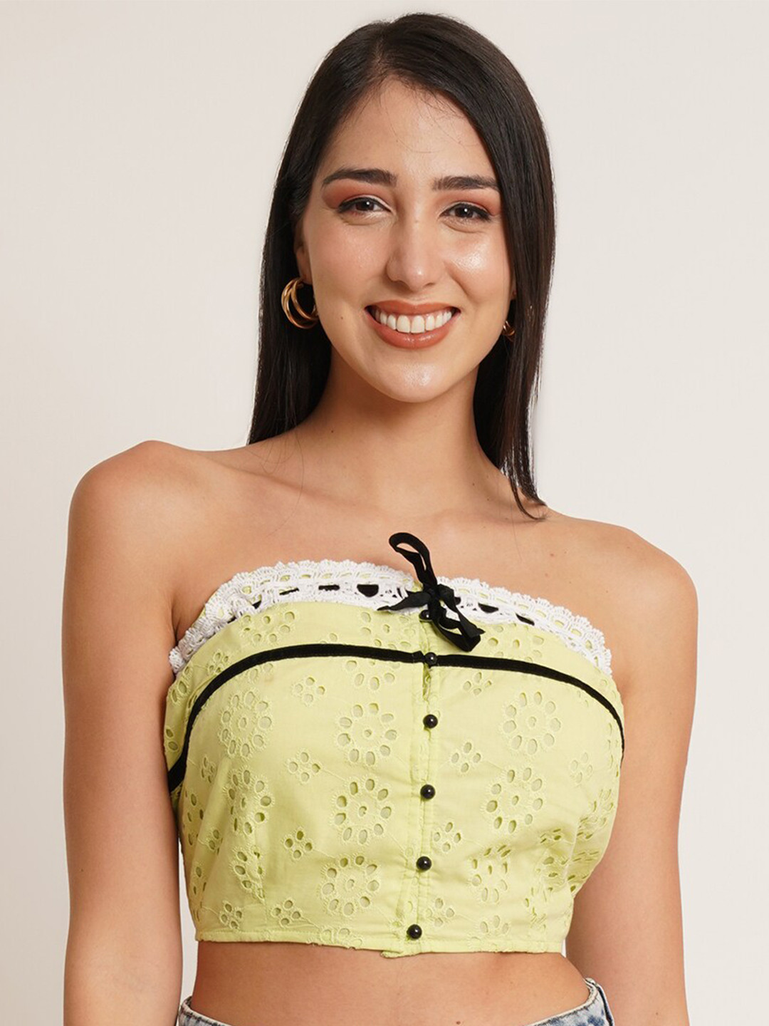 IX IMPRESSION Self Design Strapless Tie-Ups Cotton Tube Crop Top