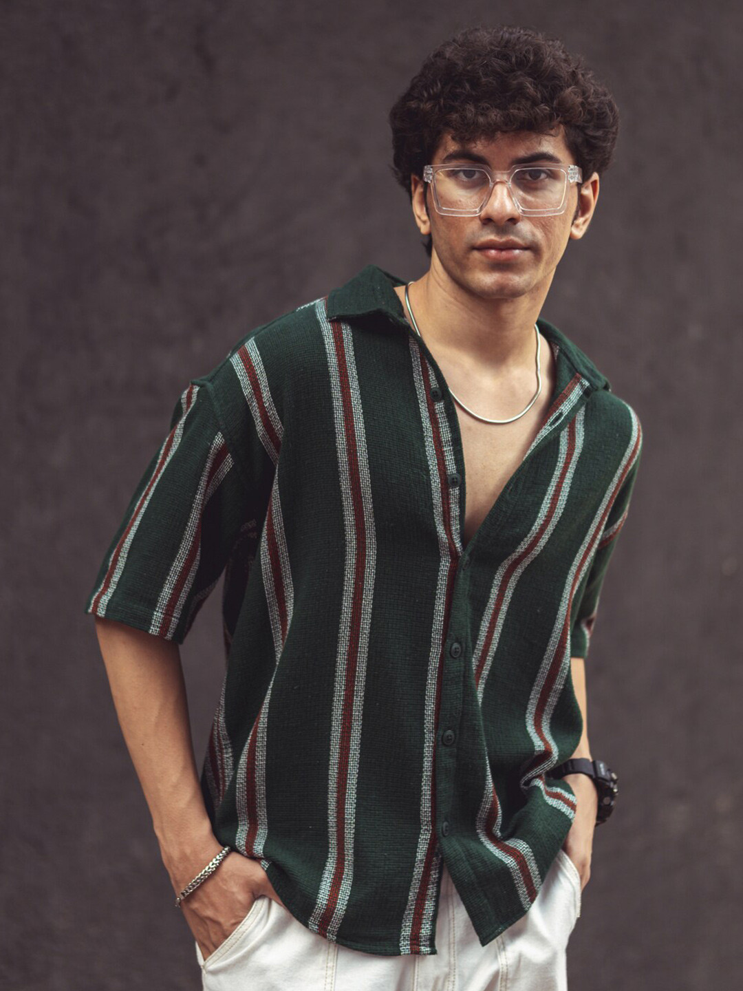 Powerlook India Slim Olive Green Multi Stripes Opaque Oversized Casual Shirt