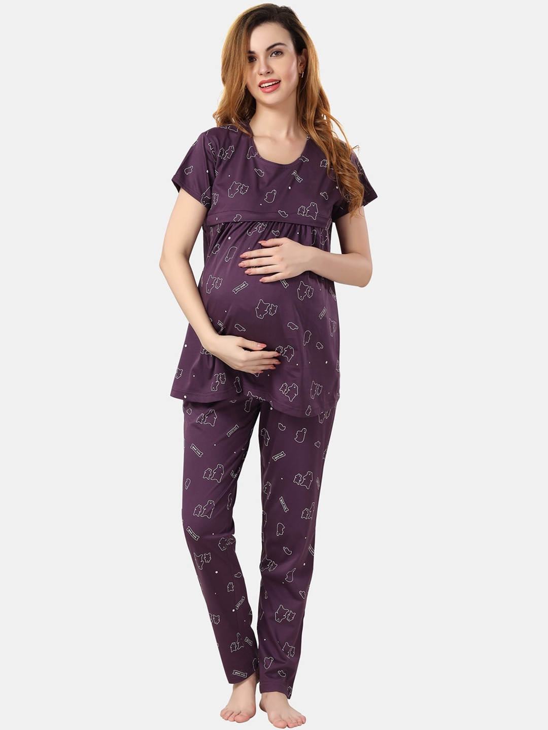 Fabme Conversational Printed Pure Cotton Maternity and Nursing Top With Pyjamas