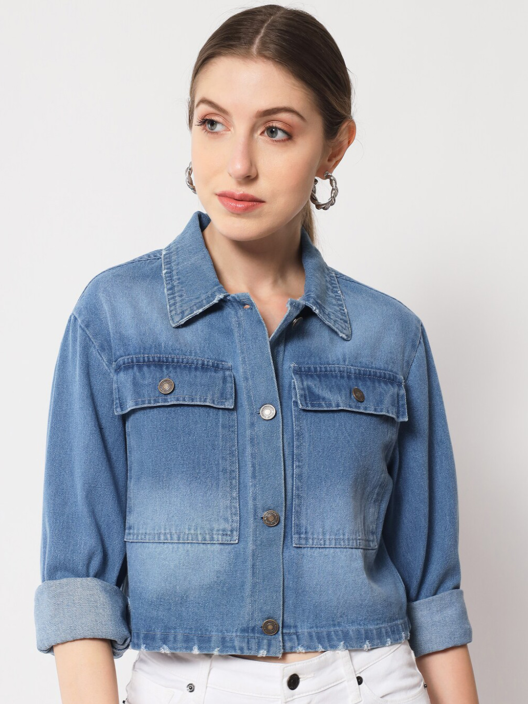 Chemistry Washed Boxy Crop Cotton Denim Jacket